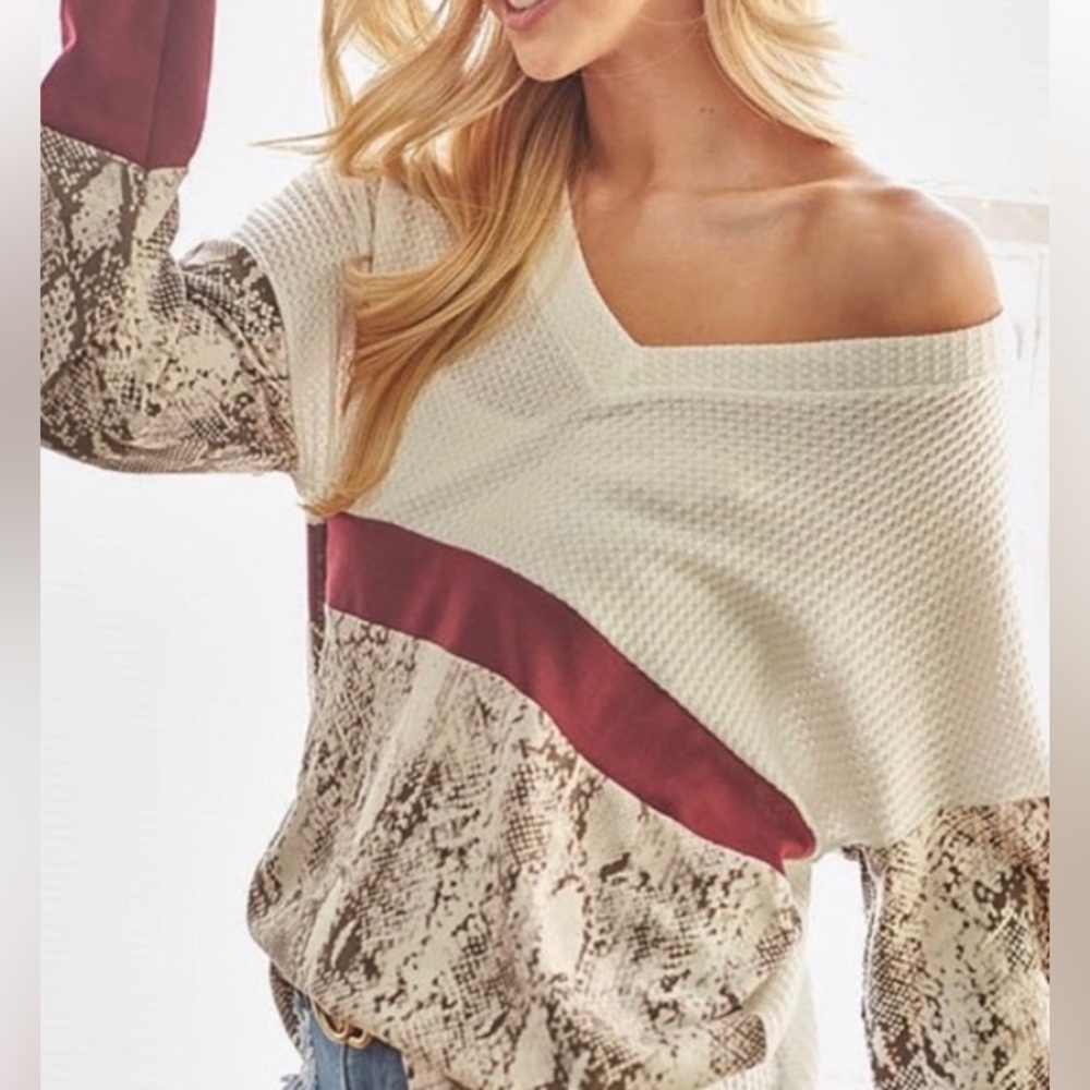 NIP KFAB DESIGNS WIDE V NECK WAFFLE KNIT BALLOON SLEEVE TOP